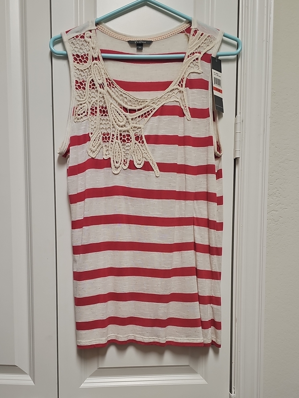 Crochet Yoke Striped Tank Top - Red & Cream